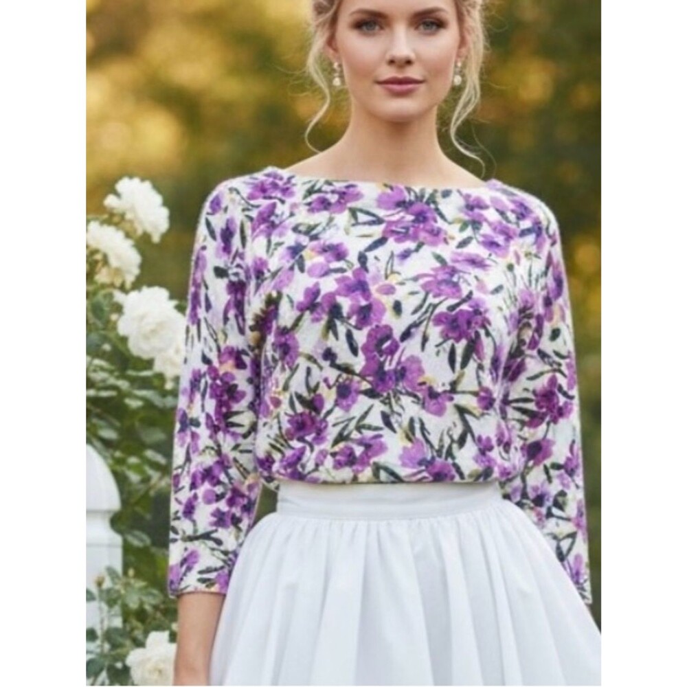 CottageCore - Romantic - Femine - Purple Floral Boatneck Supima Cotton Top - MP